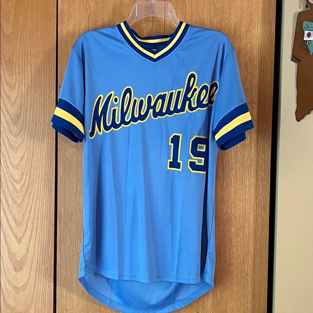 New Milwaukee brewers mesh jersey Adult MEDIUM number 19 knit cuffs and collar